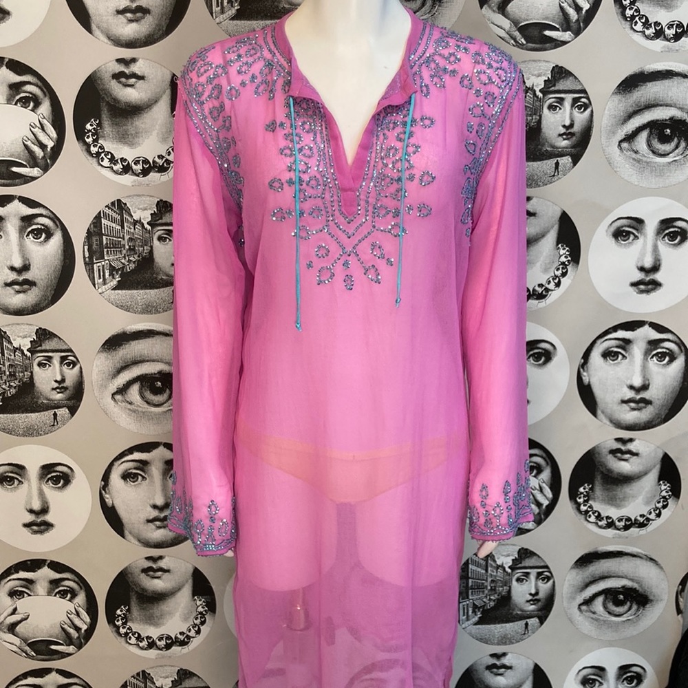 Miss June Long Sleeve Viscose Sheer Pink & Turquoise Sequin Coverup, Sz M/L